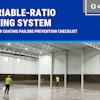 Industrial warehouse with workers in safety gear applying 2K floor coating, Graco variable-ratio mixing system checklist