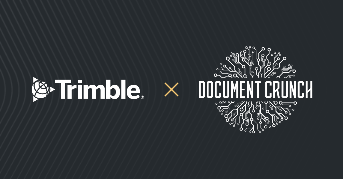 Trimble and Document Crunch partnership announcement with logos connected by multiplication symbol