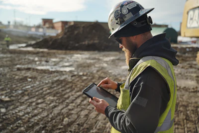 Construction worker in safety gear using tablet on industrial job site