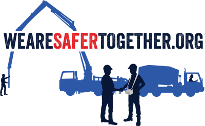 We Are Safer Together organization logo featuring blue house outline, silhouettes of workers and vehicles, emphasizing workplace safety initiative