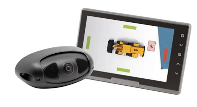 Tablet displaying 3D design software with yellow race car model and external camera sensor device