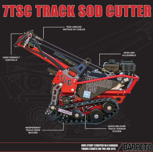 7TSC Track Sod Cutter specifications diagram showing red and black machinery with labeled features including user-friendly controls and quick-release track tension system