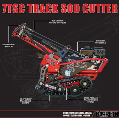 7TSC Track Sod Cutter specifications diagram showing red and black machinery with labeled features including user-friendly controls and quick-release track tension system