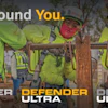 Guardian safety gear advertisement featuring workers in neon yellow-green protective clothing and equipment with Defender Ultra product line messaging