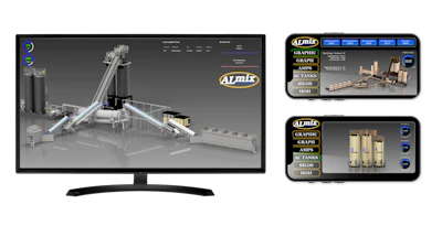 ALMix industrial equipment 3D modeling software interface with data visualization dashboards displayed on monitor and mobile screens