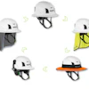 KASK safety helmets with interchangeable accessories including neck guards and visors in white, yellow, and orange