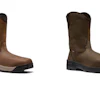 Two brown leather work boots with steel toe caps displayed side-by-side for comparison