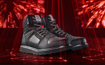Black and red work boot with reflective laces on digital red background