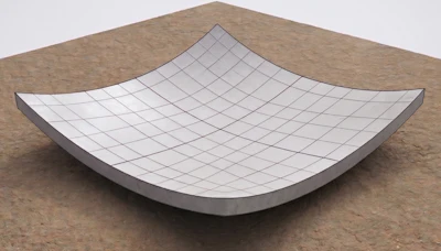 3D rendered curved white surface with grid pattern on textured ground