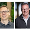 Two professional headshots of men wearing glasses and casual business attire against blurred backgrounds