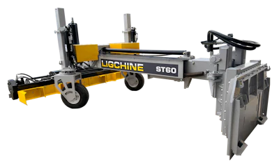 Ligchine ST60 hydraulic log splitter with yellow and gray frame, featuring dual vertical cylinders and adjustable splitting wedge