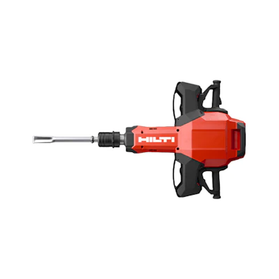 Hilti red and black electric breaker hammer drill with dual handles and chisel bit
