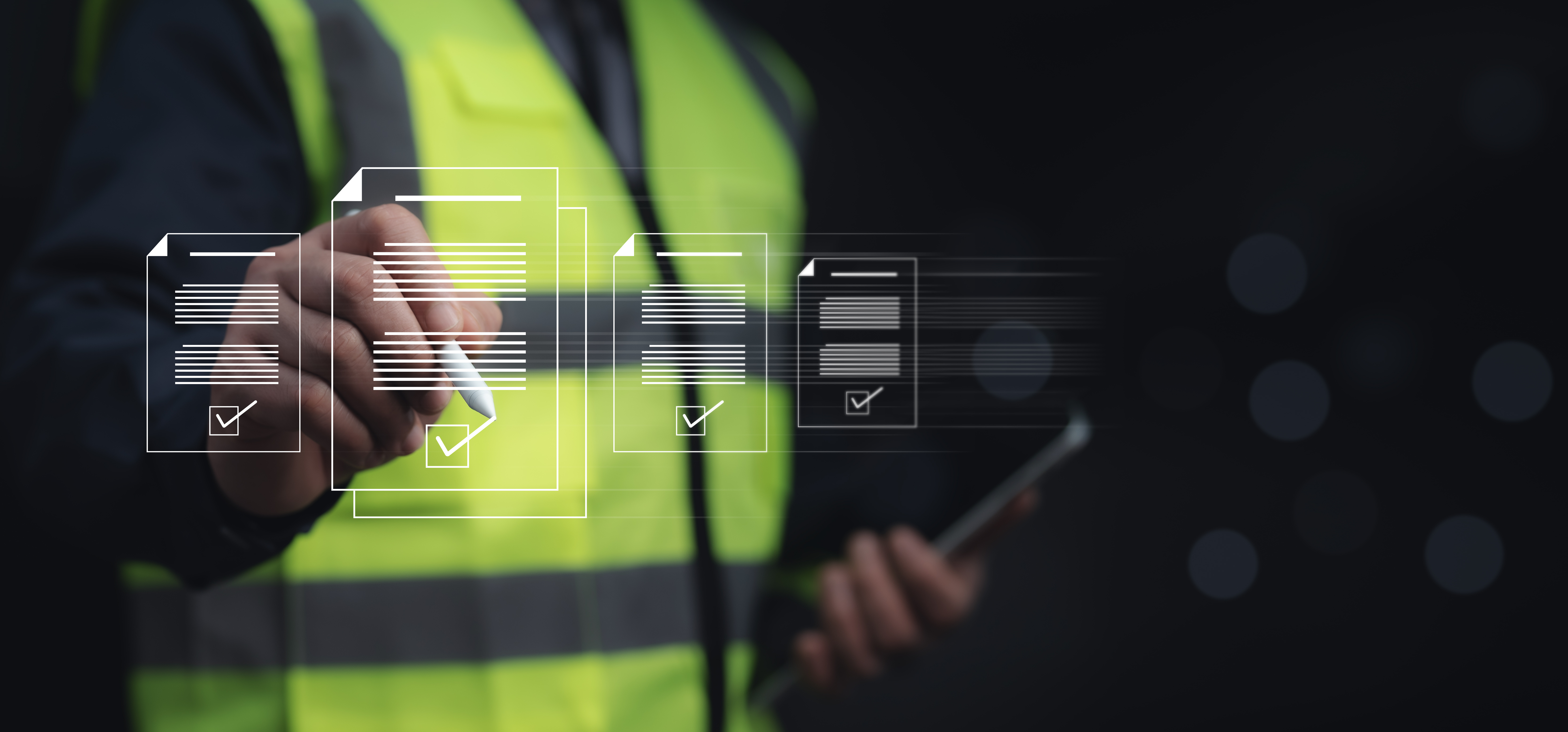 Construction worker in safety vest using tablet with digital checklist interface overlay