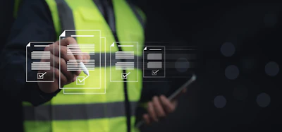 Construction worker in safety vest using tablet with digital checklist interface overlay