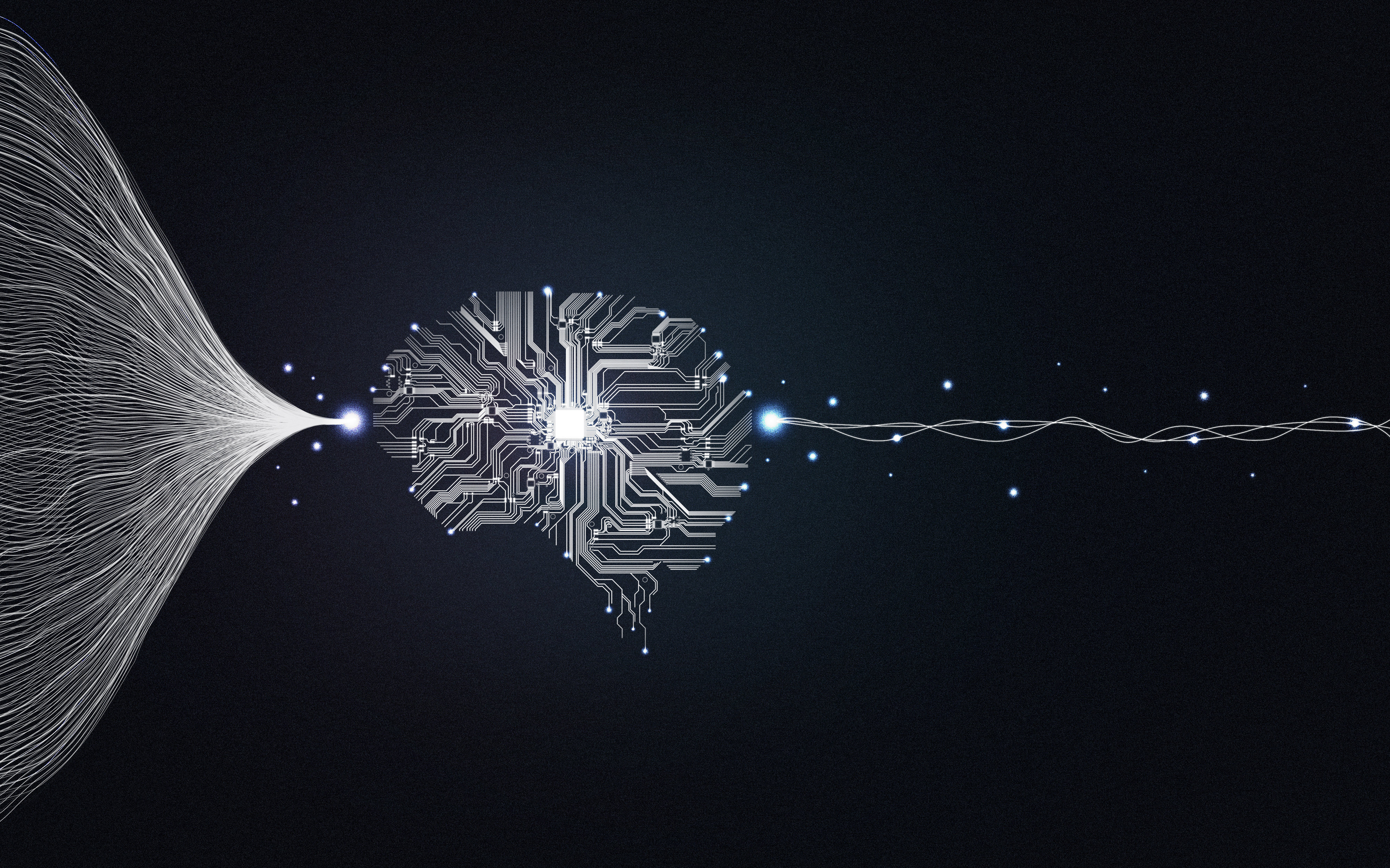 Abstract AI brain circuit board with radiating neural network connections and data flow on dark background