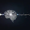 Abstract AI brain circuit board with radiating neural network connections and data flow on dark background