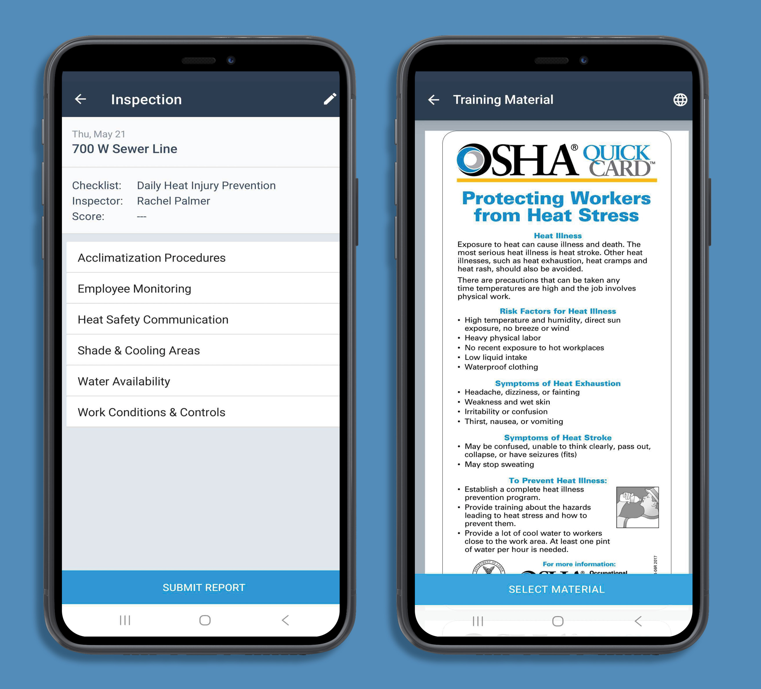 OSHA QuickCard training material on heat stress prevention displayed on mobile app interface