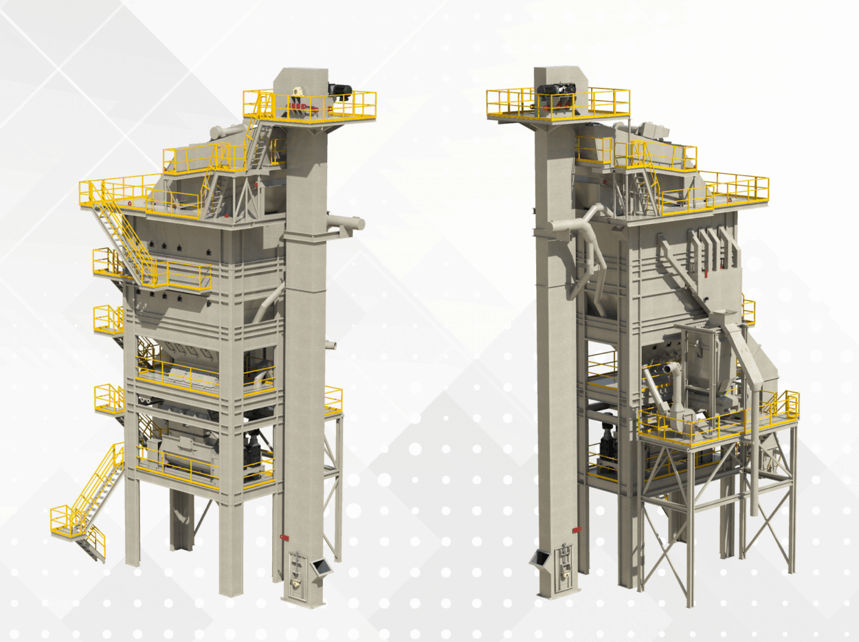 Industrial bulk material handling tower system with yellow safety platforms and gray structural framework, shown from front and side views