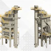 Industrial bulk material handling tower system with yellow safety platforms and gray structural framework, shown from front and side views
