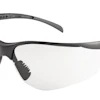 Black wraparound safety glasses with clear lenses and adjustable temple arms