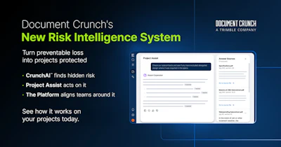 Document Crunch's New Risk Intelligence System interface showing CrunchAI project assist platform with sample project data and answer sources