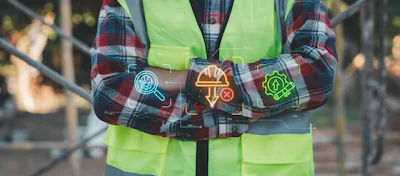 Construction worker in safety vest displaying neon-glowing icons representing inspection, tools, and energy efficiency