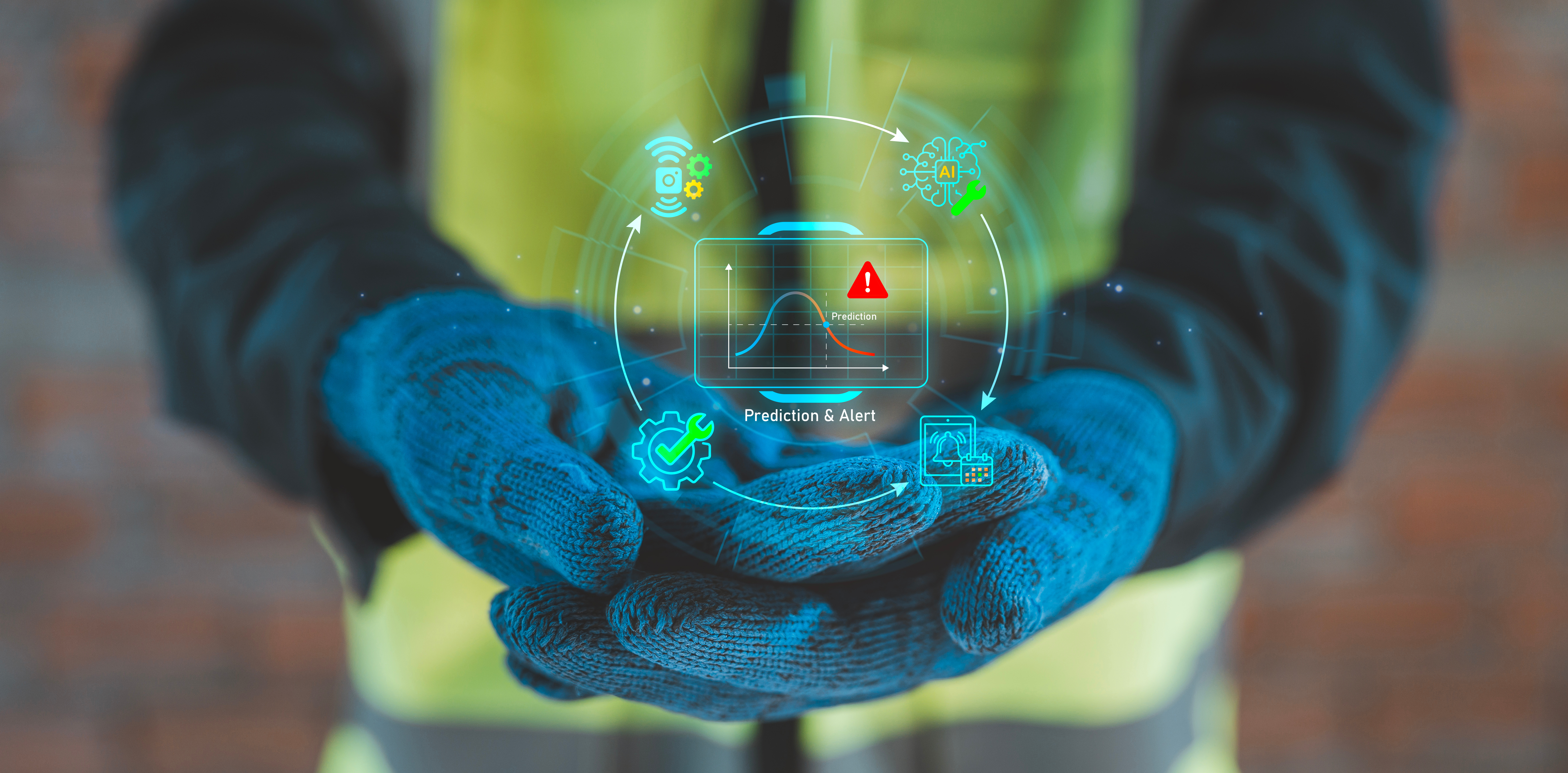 Worker in safety gear holding holographic interface displaying predictive analytics and alert monitoring system