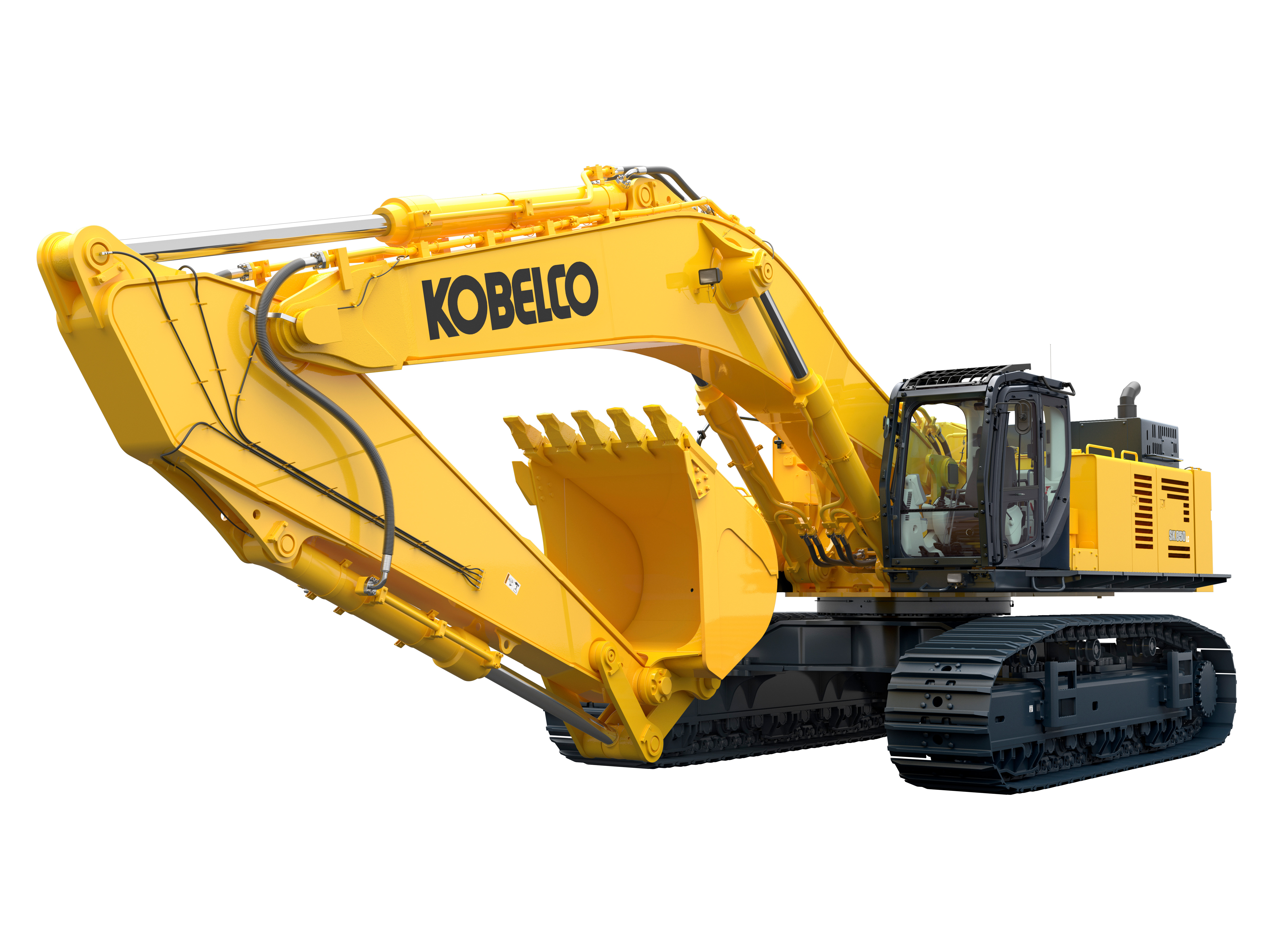Kobelco yellow hydraulic excavator with tracked undercarriage and bucket attachment