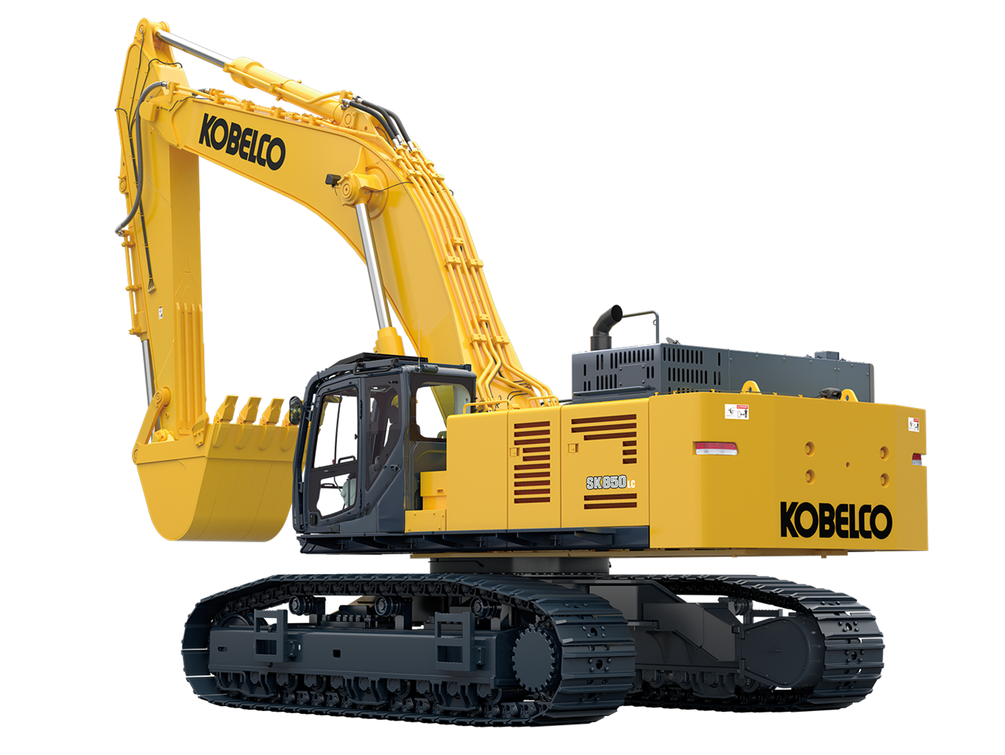 Kobelco yellow excavator with extended boom arm and black rubber tracks on white background