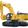 Kobelco yellow excavator with extended boom arm and black rubber tracks on white background