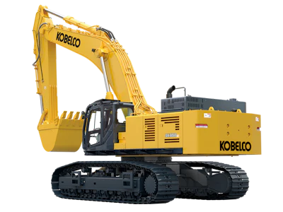 Kobelco yellow excavator with extended boom arm and black rubber tracks on white background