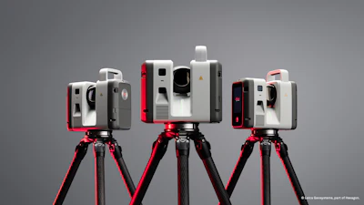 Three Leica laser scanning devices mounted on red tripods against gray background