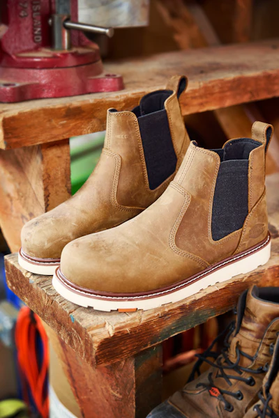 Tan suede Chelsea boots with navy elastic panels and white soles displayed on wooden workbench