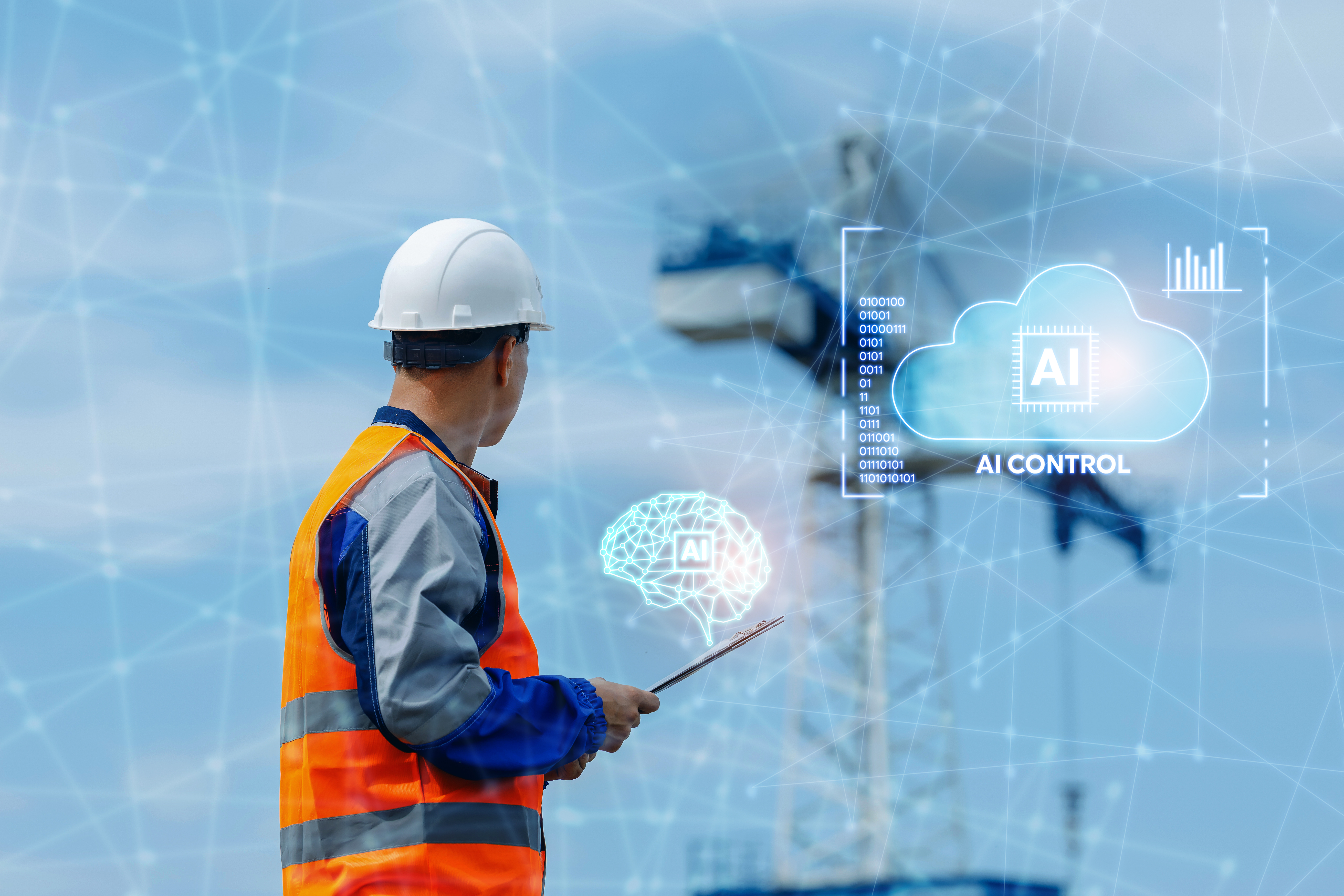 Construction worker holding tablet with AI control technology visualization and digital interface overlays