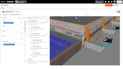 Prodcore asset management interface displaying 3D warehouse with HVAC systems and equipment list