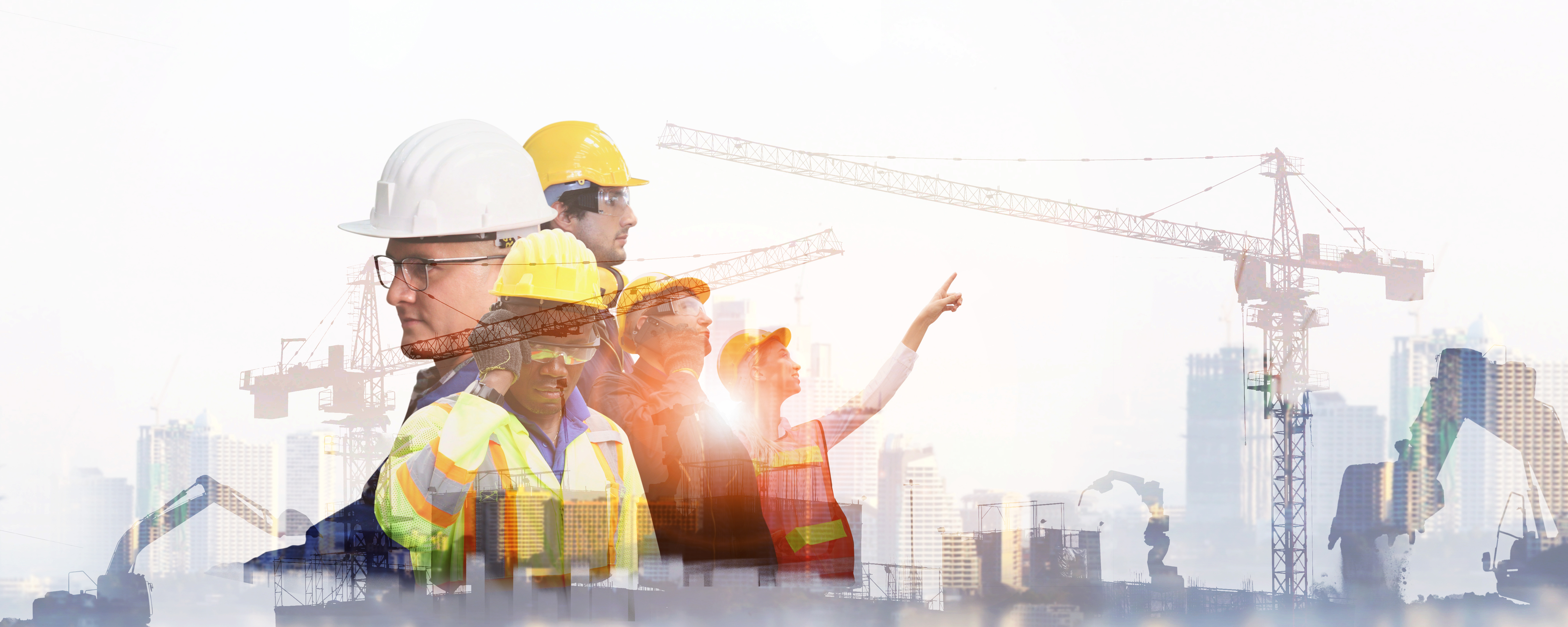 Construction workers in safety gear overlaid on urban skyline with cranes and buildings under development