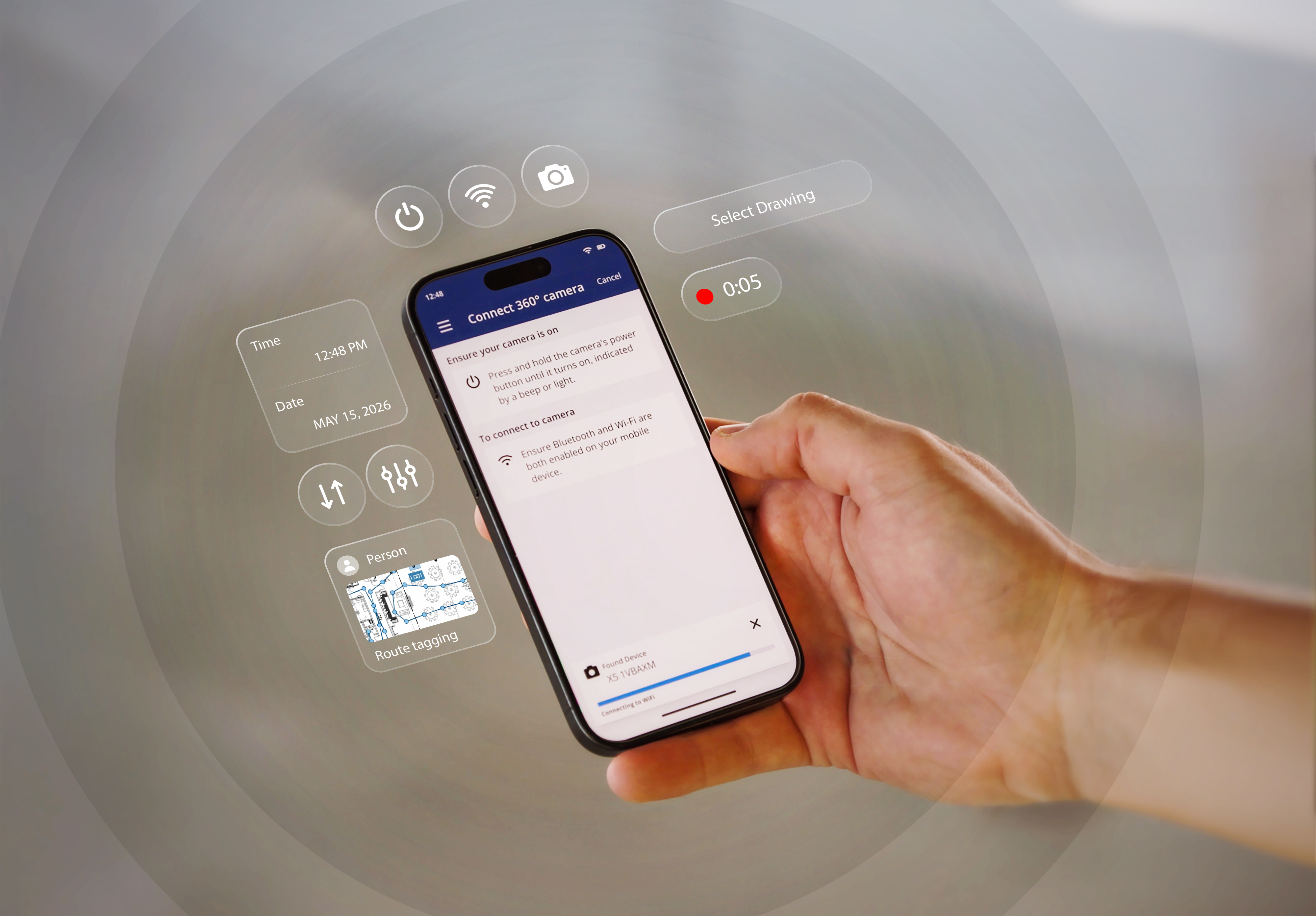 Hand holding smartphone displaying mobile app with floating UI icons and widgets in augmented reality visualization