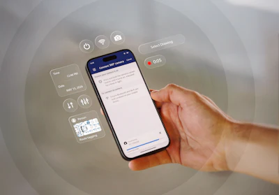 Hand holding smartphone displaying mobile app with floating UI icons and widgets in augmented reality visualization