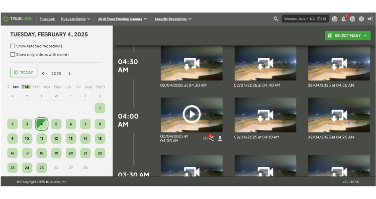 TrueLink security camera management dashboard showing multiple surveillance feeds from February 4, 2025 with timestamps and video playback options