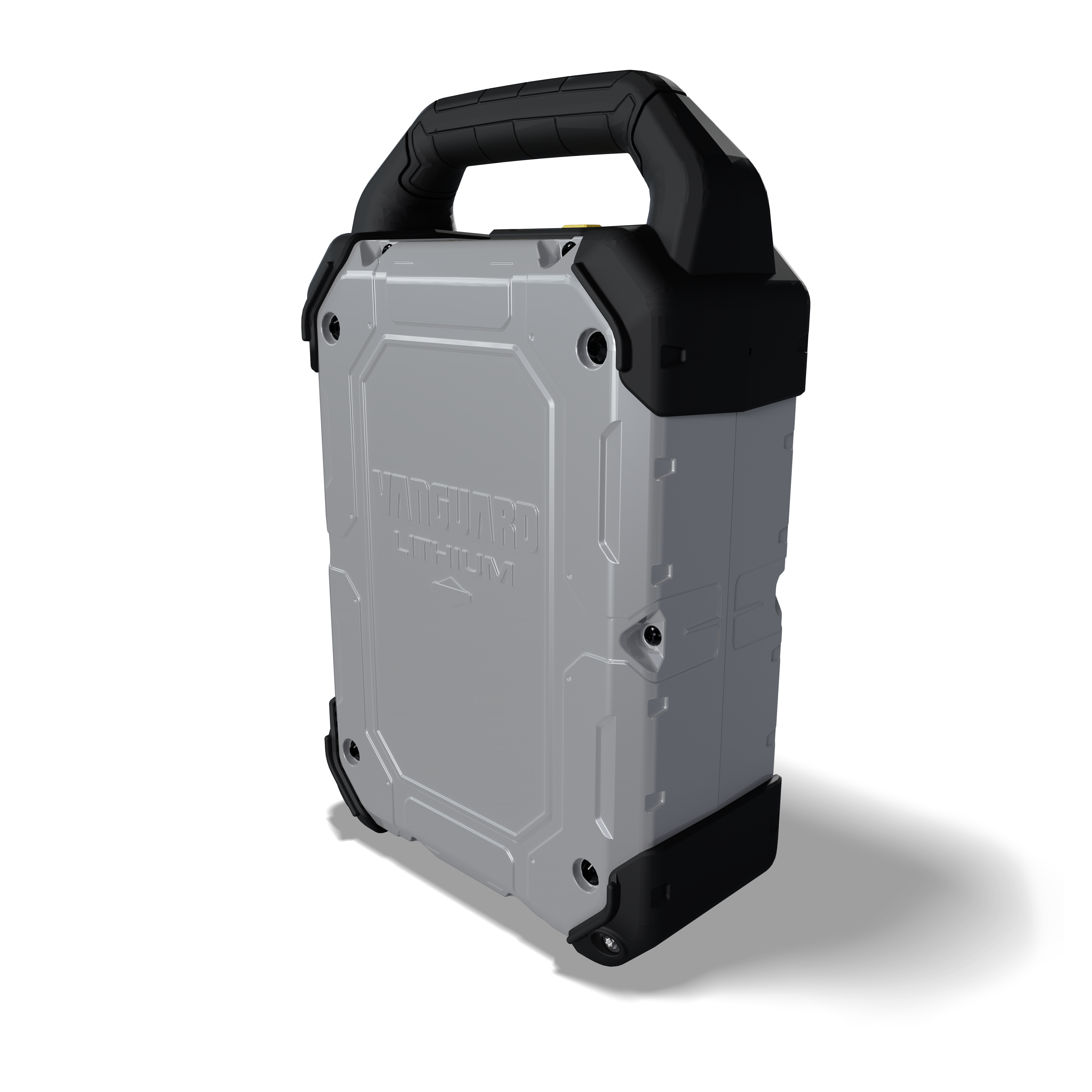 Portable power station with gray metal body, black handle and corner guards