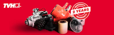 TVH automotive parts including fuel pump, filters, and engine components with 2-year warranty badge on red background