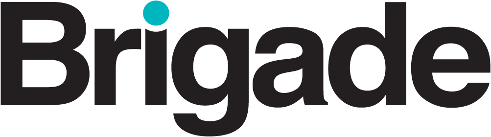 Brigade logo with black text and cyan accent dot