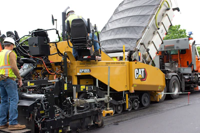 Yellow Caterpillar asphalt paver and dump truck at construction site with workers in safety gear