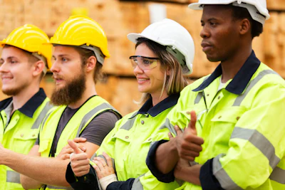 Four construction workers in safety helmets and high-visibility vests standing together at a job site