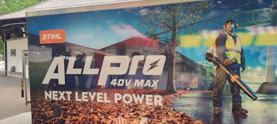 STIHL ALL PRO 40V MAX outdoor power equipment advertisement featuring worker with leaf blower and landscaping scene
