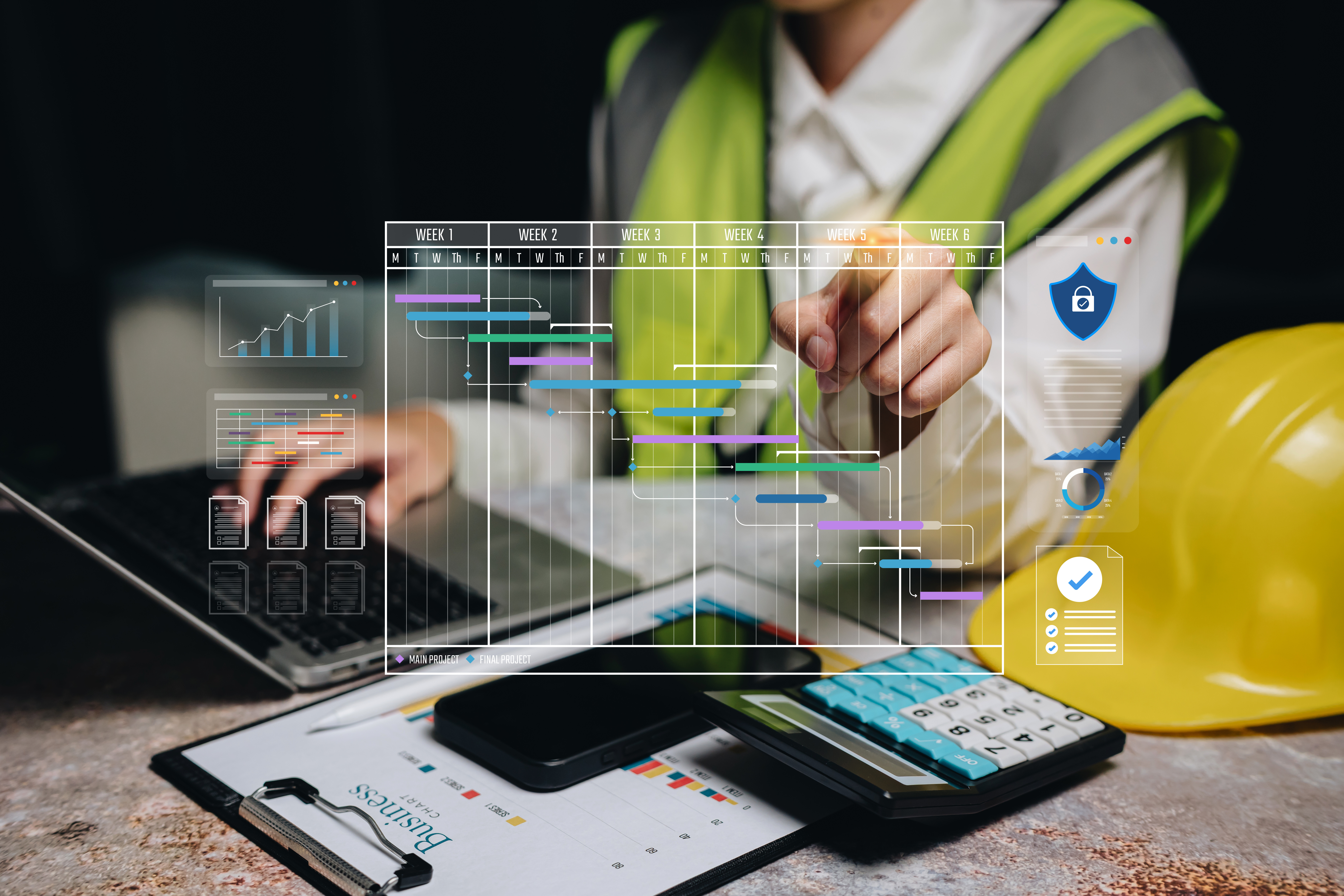 Construction worker in safety gear interacting with holographic project management dashboard and Gantt charts