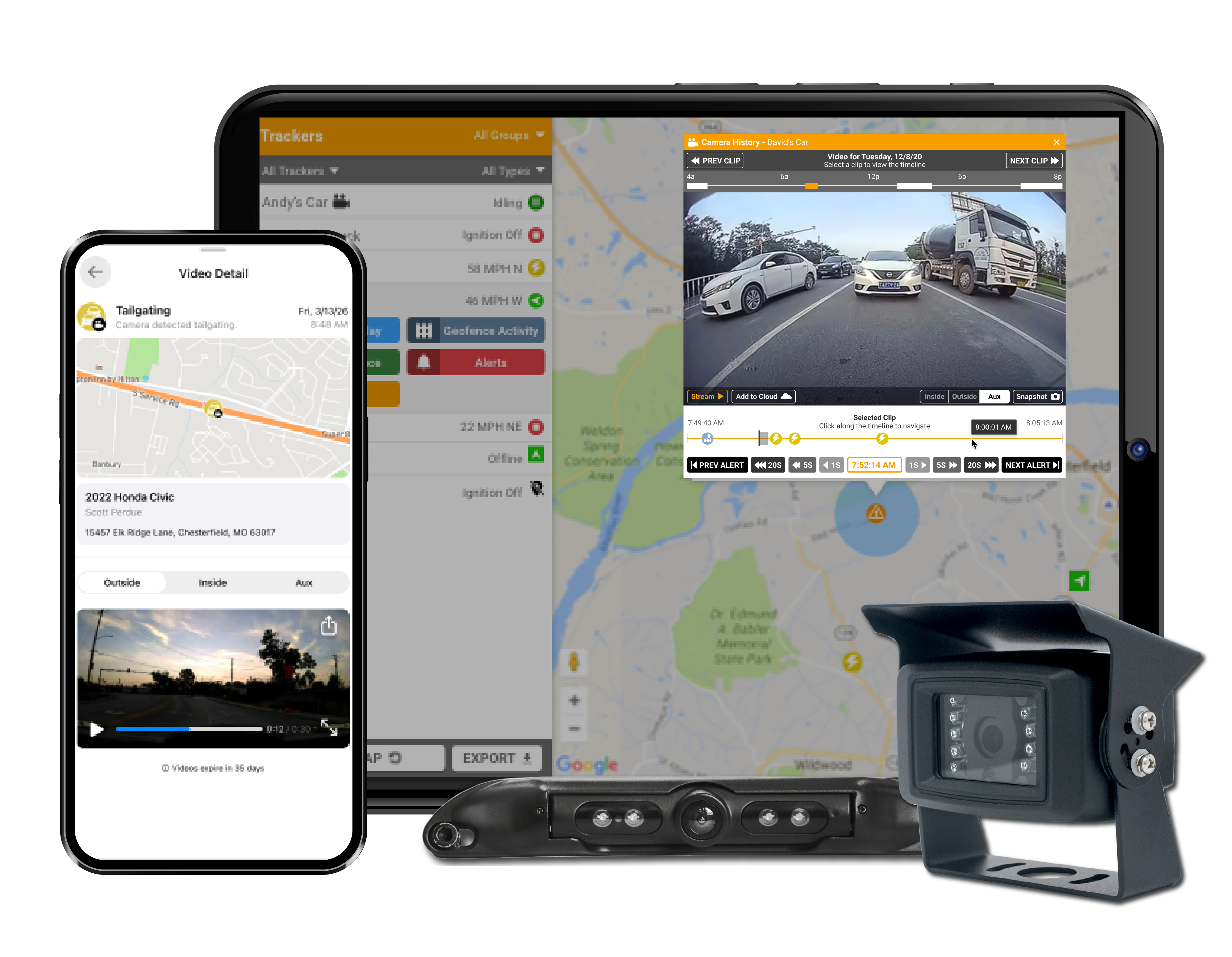 Fleet management system displaying real-time vehicle tracking, dashcam footage, and monitoring interface across smartphone, tablet, and camera hardware.