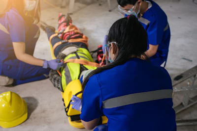 Emergency rescue team performing first aid training with multiple personnel in blue uniforms and safety equipment
