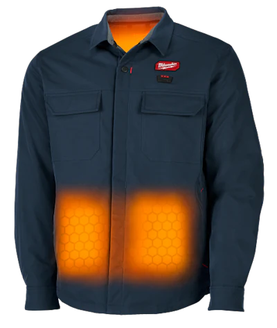 Milwaukee heated work jacket with orange heating elements glowing on chest and torso areas