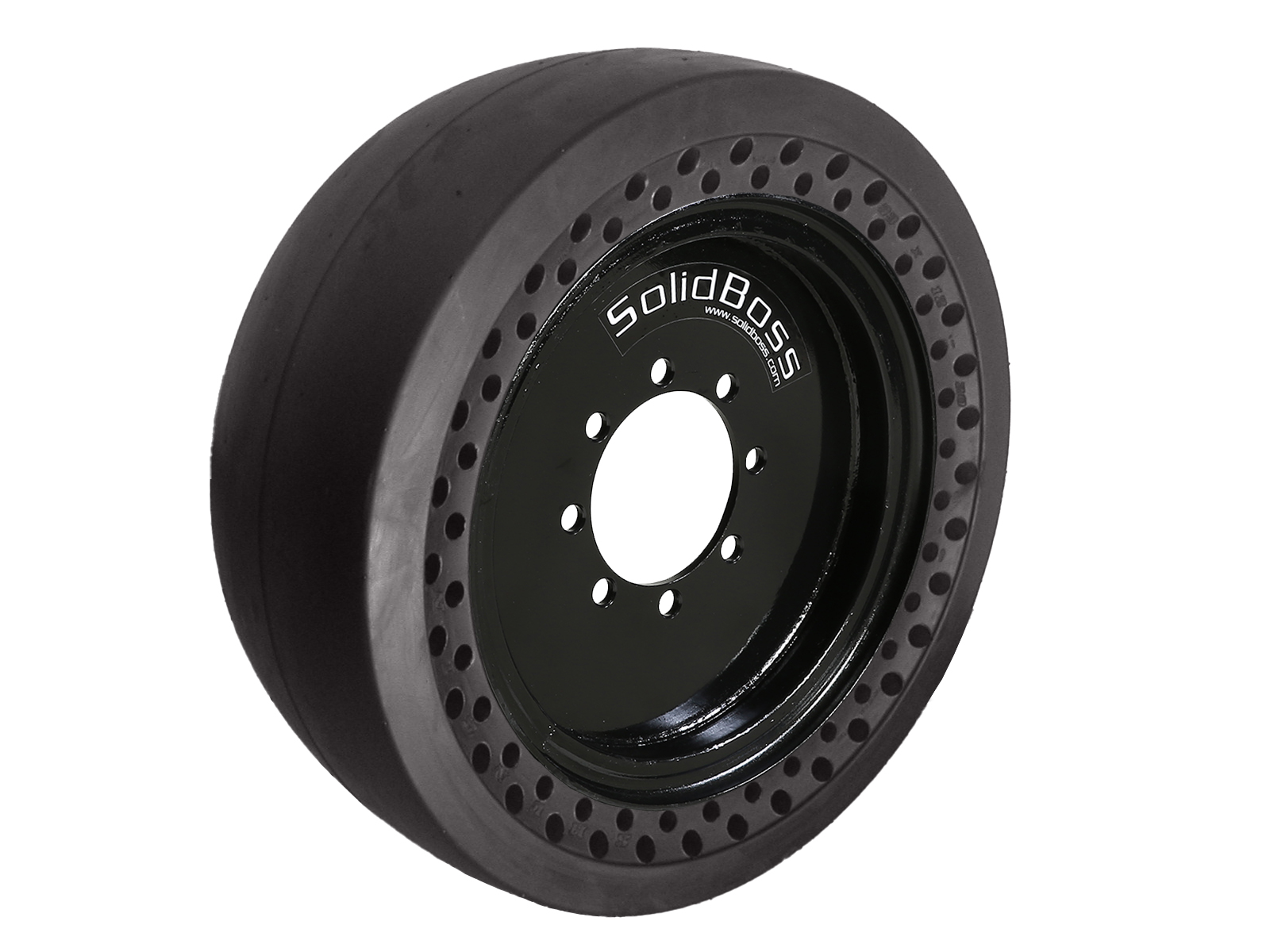 SolidBoss solid tire wheel with perforated black rim and white lug holes